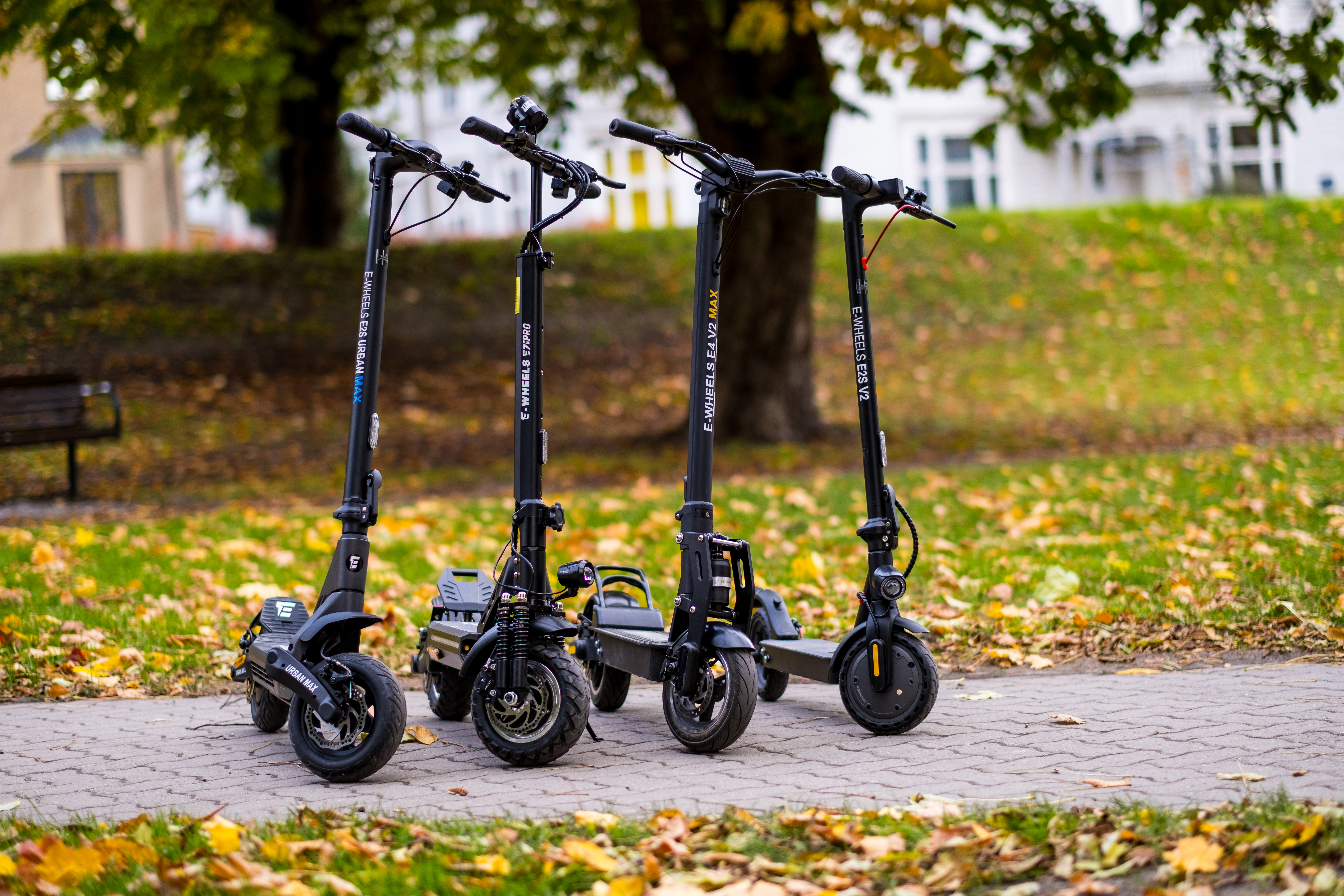 E-Wheels el-løbehjul. E2S Urban Max, E7 Pro, E4 V2 og E2S V2. 